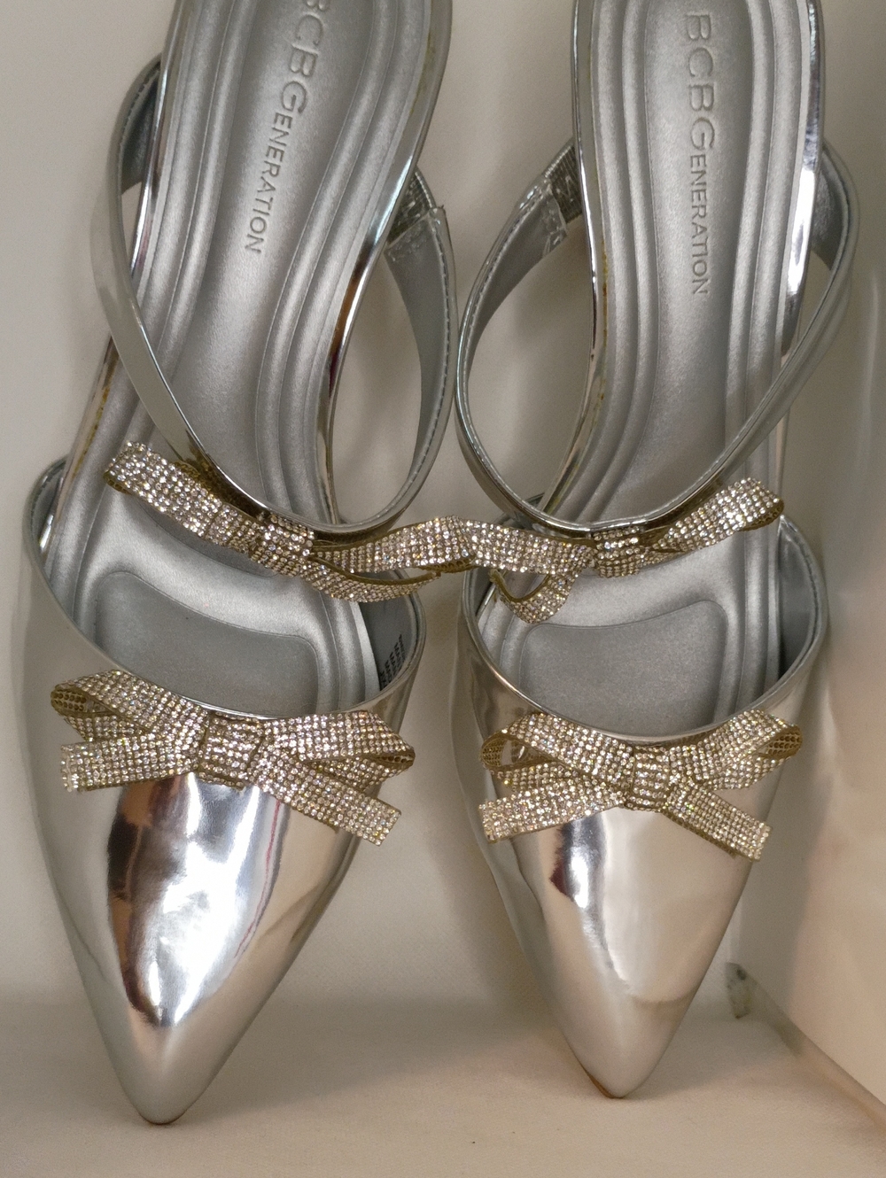 BCBGeneration Silver Pointed Slingback Flats with Gold Crystal Bows